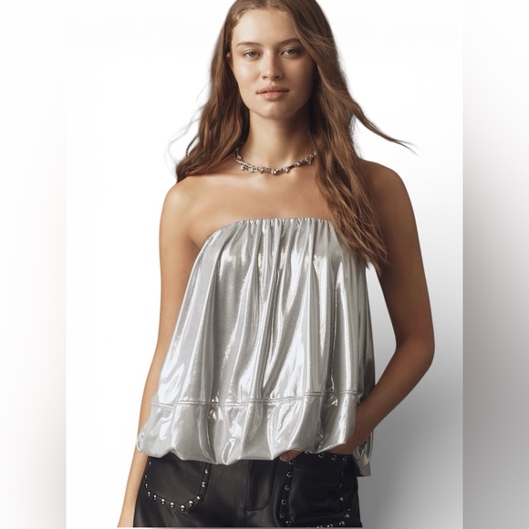 Anthropologie Tops - Anthro Maeve Silver Metallic Strapless Bubble Top NWT Size L Summer